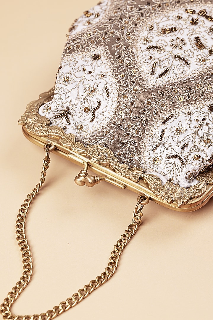 Ivory Satin Embroidered Potli by The Leather Garden at Pernia's Pop Up Shop