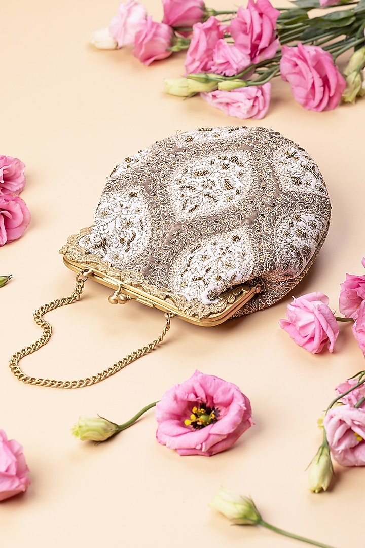 Ivory Satin Embroidered Potli by The Leather Garden at Pernia's Pop Up Shop