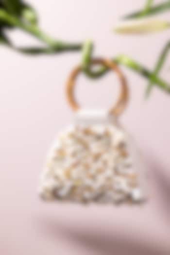 Ivory Leather Embroidered Wristlet Bag by The Leather Garden at Pernia's Pop Up Shop