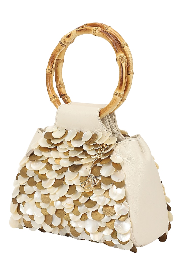 Ivory Leather Embroidered Wristlet Bag by The Leather Garden at Pernia's Pop Up Shop