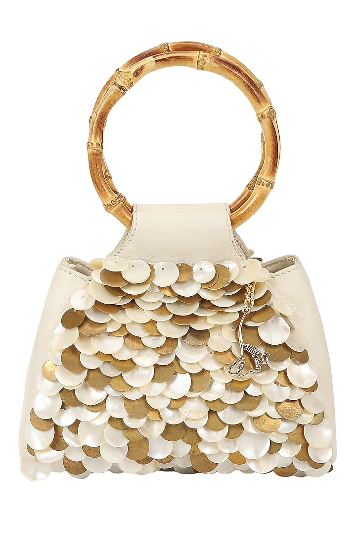 Ivory Leather Embroidered Wristlet Bag by The Leather Garden at Pernia's Pop Up Shop