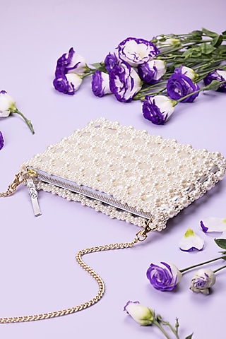 Ivory Beaded Crossbody Cum Hand Clutch Bag by The Leather Garden