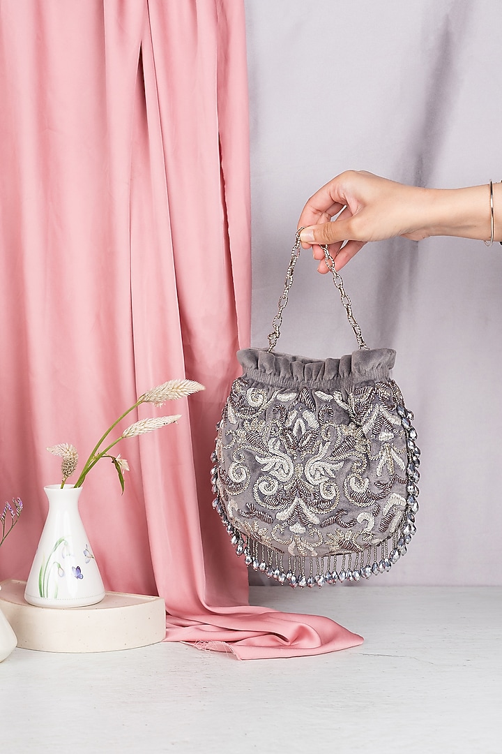 Grey Hand Embellished Potli by The Leather Garden at Pernia's Pop Up Shop