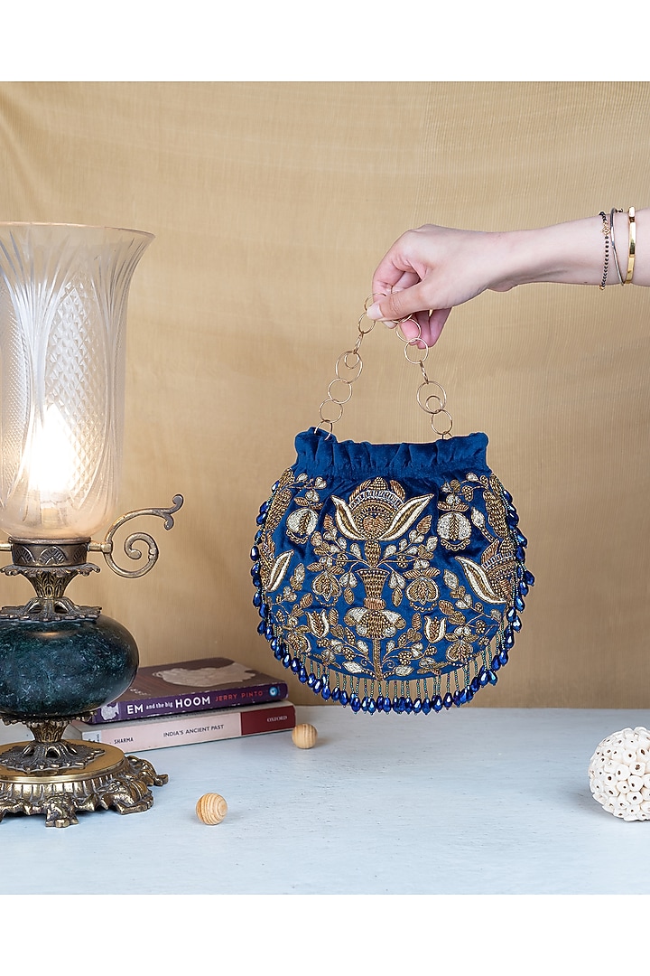 Blue Hand Embellished Potli by The Leather Garden at Pernia's Pop Up Shop
