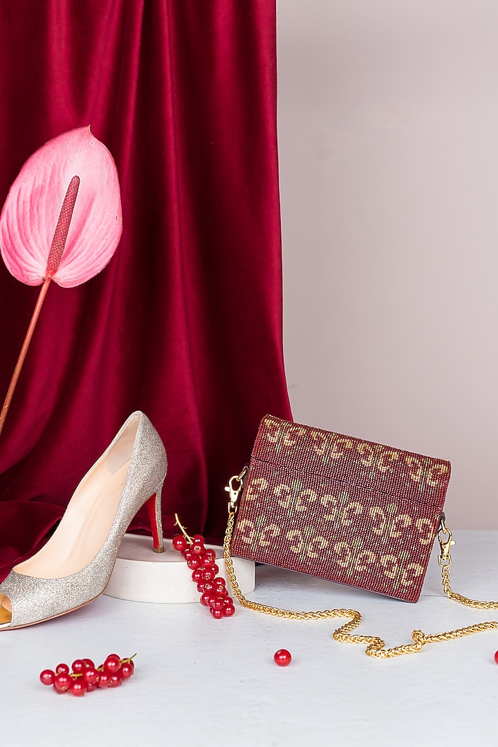 Maroon Hand Embellished Mini Box Bag by The Leather Garden at Pernia's Pop Up Shop