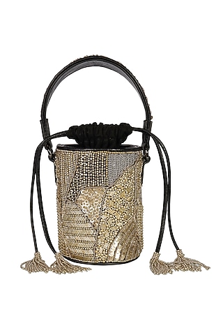Black & Silver Hand Embellished Mini Bucket Bag by The Leather Garden