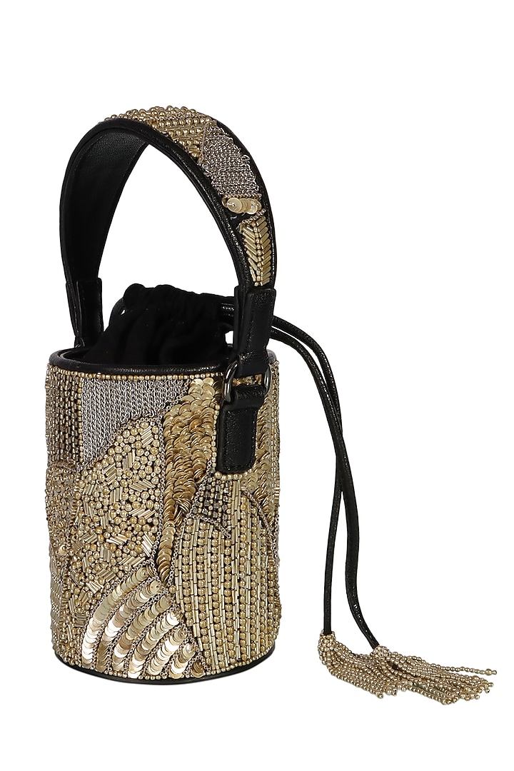 Black & Silver Hand Embellished Mini Bucket Bag by The Leather Garden at Pernia's Pop Up Shop