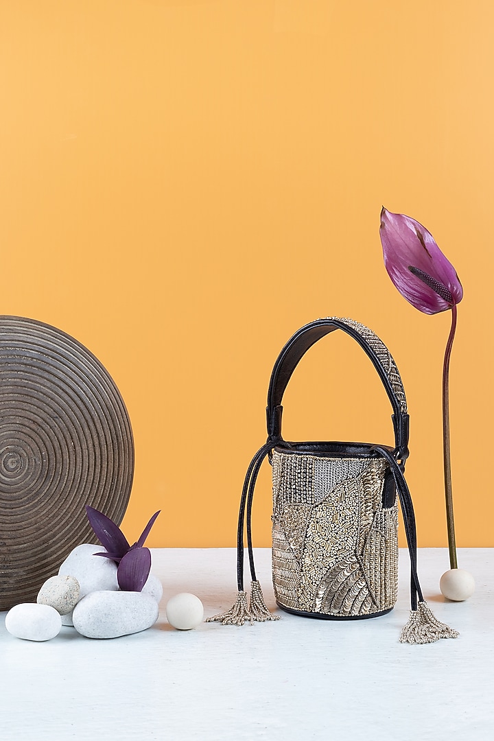 Black & Silver Hand Embellished Mini Bucket Bag by The Leather Garden at Pernia's Pop Up Shop