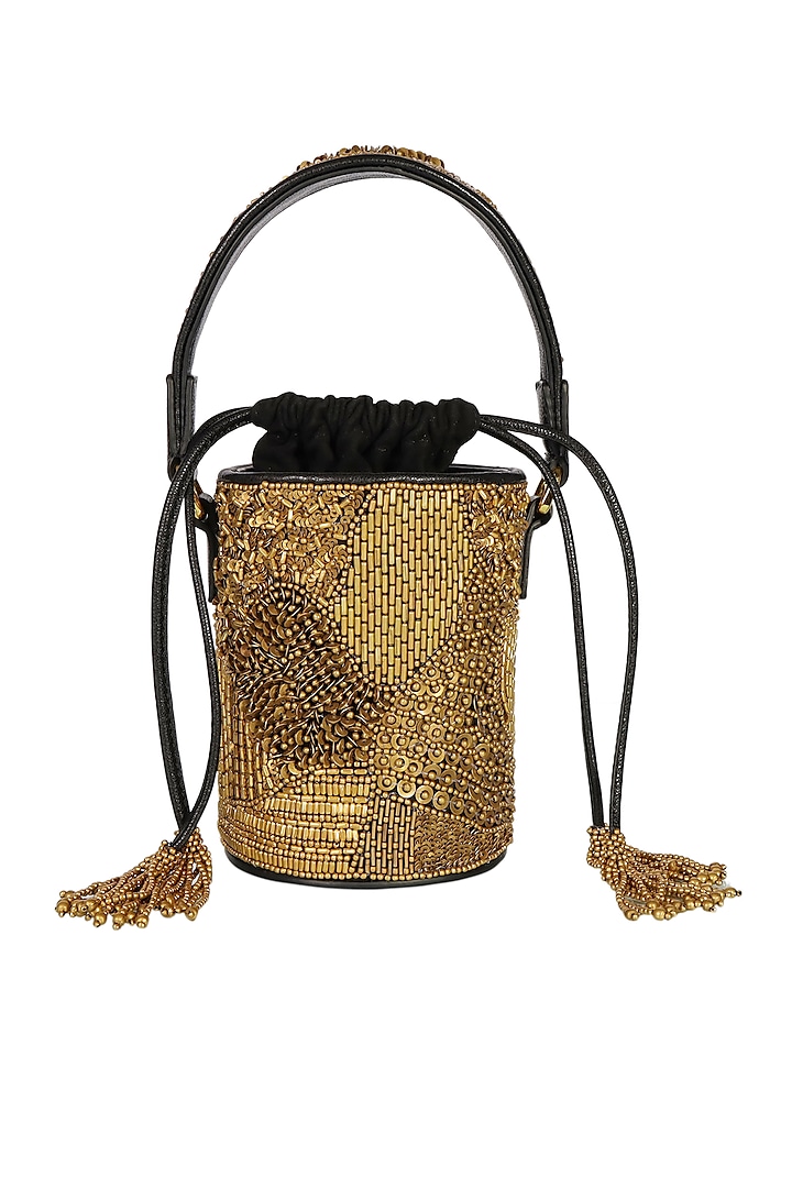 Black & Gold Hand Embellished Mini Bucket Bag by The Leather Garden