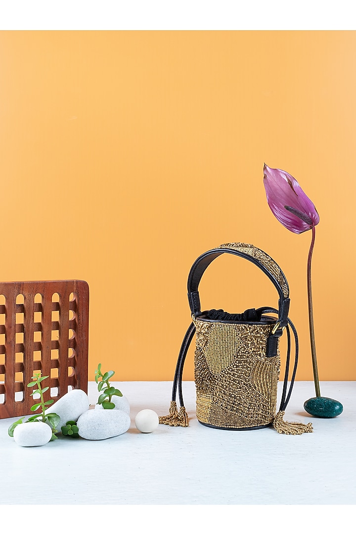 Black & Gold Hand Embellished Mini Bucket Bag by The Leather Garden at Pernia's Pop Up Shop
