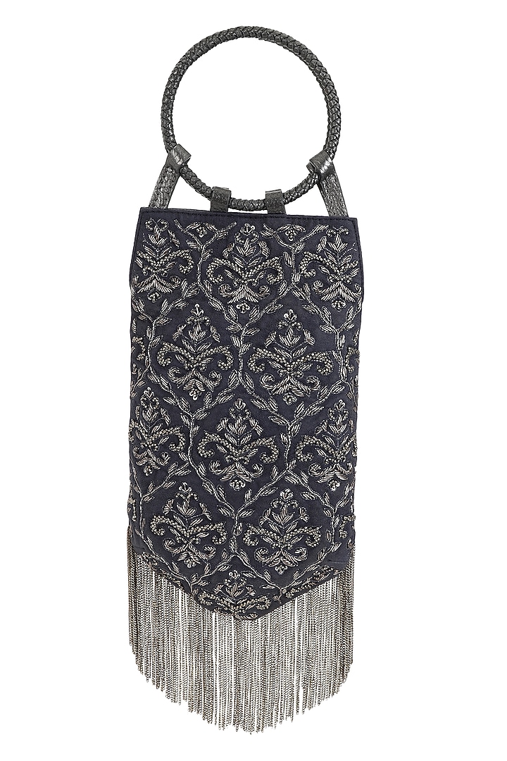 Grey & Silver Suede Dabka Embroidered Wristlet Potli by The Leather Garden at Pernia's Pop Up Shop