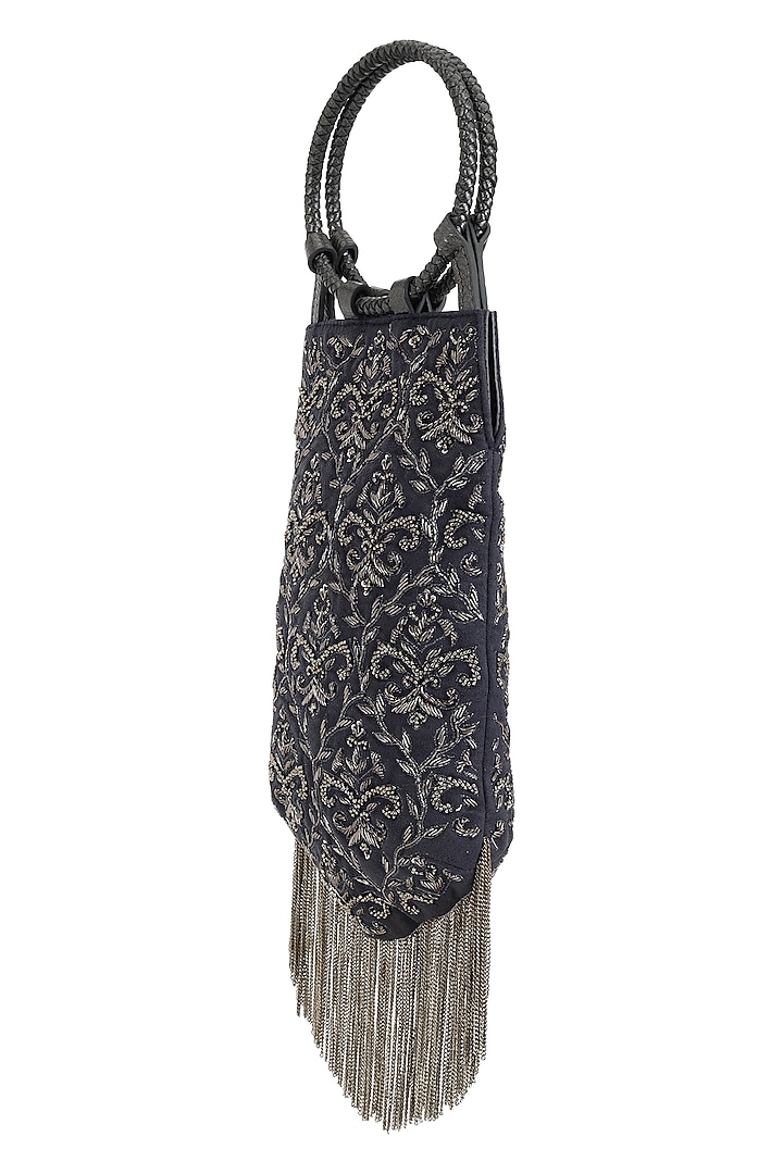 Grey & Silver Suede Dabka Embroidered Wristlet Potli by The Leather Garden at Pernia's Pop Up Shop
