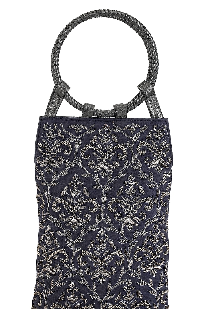 Grey & Silver Suede Dabka Embroidered Wristlet Potli by The Leather Garden at Pernia's Pop Up Shop
