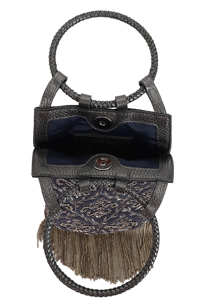 Grey & Silver Suede Dabka Embroidered Wristlet Potli by The Leather Garden at Pernia's Pop Up Shop