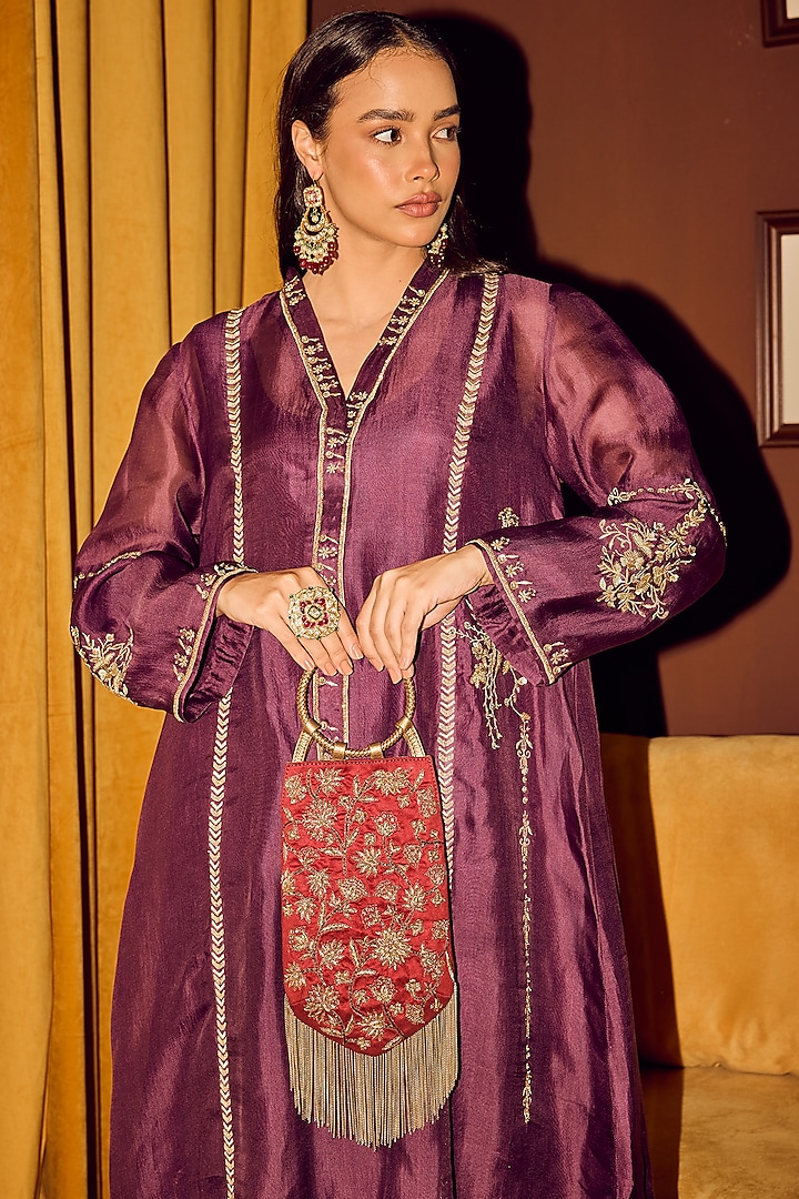 Ruby Red & Gold Suede Dabka Embroidered Wristlet Potli by The Leather Garden at Pernia's Pop Up Shop