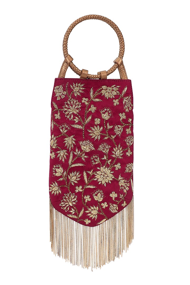 Ruby Red & Gold Suede Dabka Embroidered Wristlet Potli by The Leather Garden at Pernia's Pop Up Shop