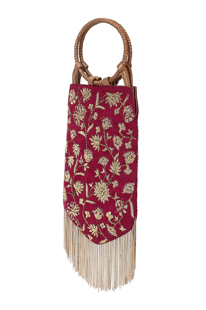 Ruby Red & Gold Suede Dabka Embroidered Wristlet Potli by The Leather Garden at Pernia's Pop Up Shop