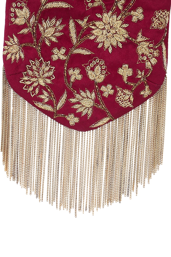 Ruby Red & Gold Suede Dabka Embroidered Wristlet Potli by The Leather Garden at Pernia's Pop Up Shop