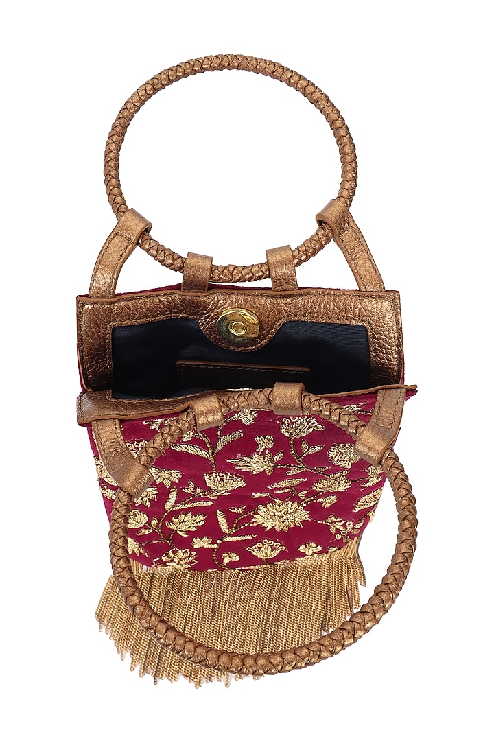 Ruby Red & Gold Suede Dabka Embroidered Wristlet Potli by The Leather Garden at Pernia's Pop Up Shop