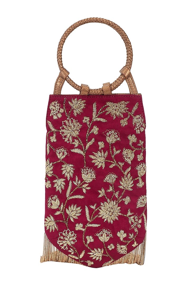 Ruby Red & Gold Suede Dabka Embroidered Wristlet Potli by The Leather Garden at Pernia's Pop Up Shop