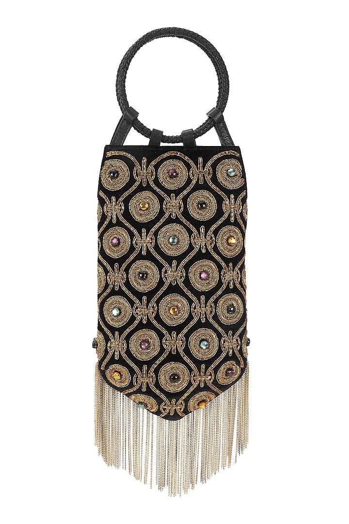 Black & Gold Velvet Hand Embroidered Wristlet Potli by The Leather Garden at Pernia's Pop Up Shop