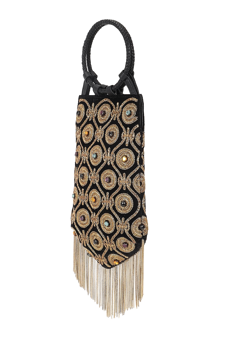 Black & Gold Velvet Hand Embroidered Wristlet Potli by The Leather Garden at Pernia's Pop Up Shop