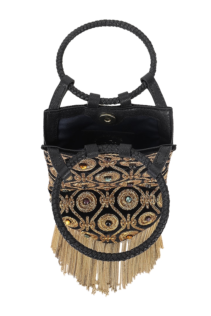 Black & Gold Velvet Hand Embroidered Wristlet Potli by The Leather Garden at Pernia's Pop Up Shop