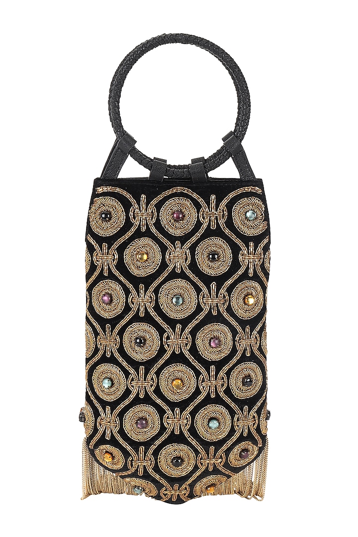 Black & Gold Velvet Hand Embroidered Wristlet Potli by The Leather Garden at Pernia's Pop Up Shop