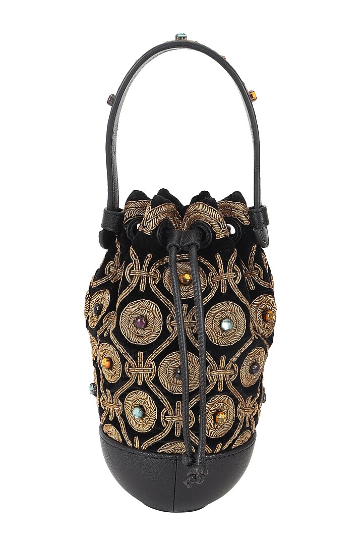 Black & Gold Velvet Dabka Embroidered Wristlet Potli by The Leather Garden at Pernia's Pop Up Shop