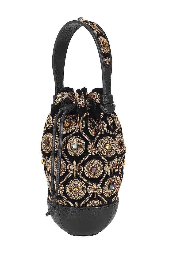 Black & Gold Velvet Dabka Embroidered Wristlet Potli by The Leather Garden at Pernia's Pop Up Shop