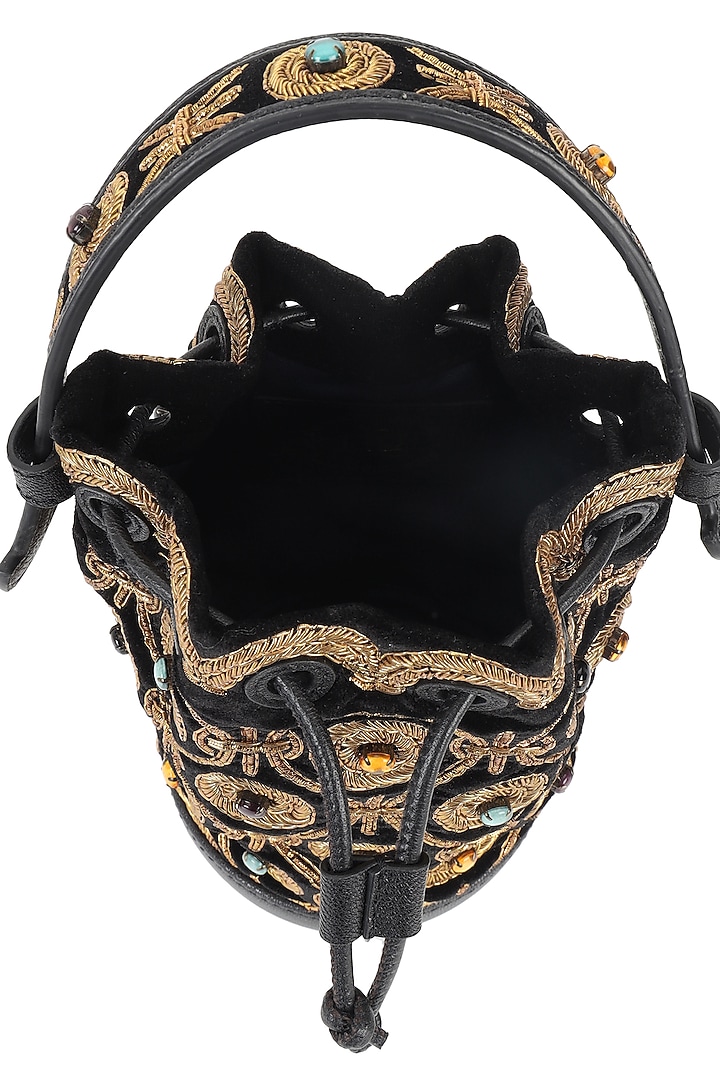 Black & Gold Velvet Dabka Embroidered Wristlet Potli by The Leather Garden at Pernia's Pop Up Shop