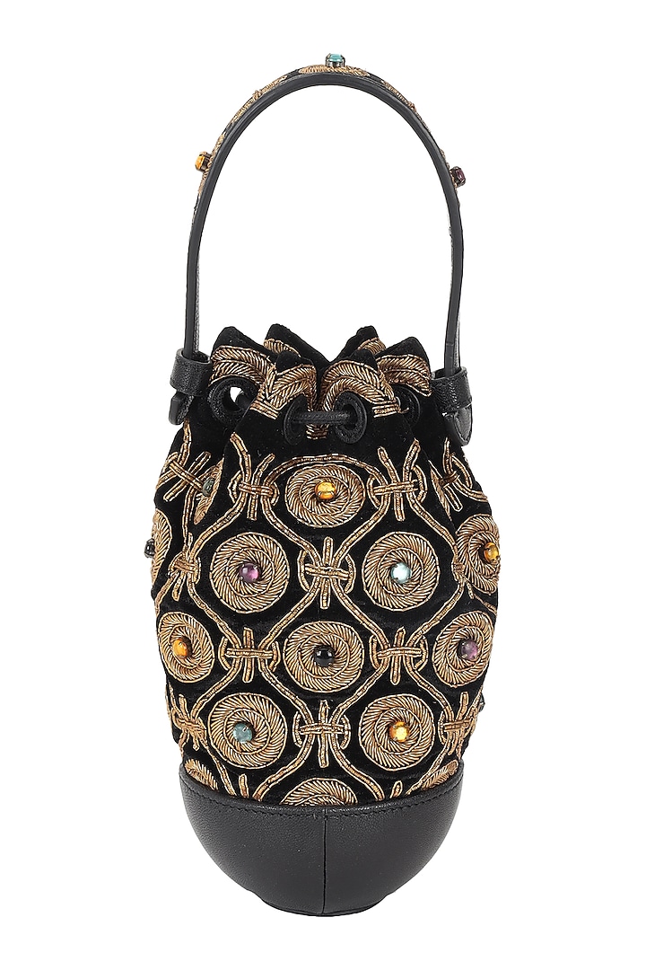 Black & Gold Velvet Dabka Embroidered Wristlet Potli by The Leather Garden at Pernia's Pop Up Shop