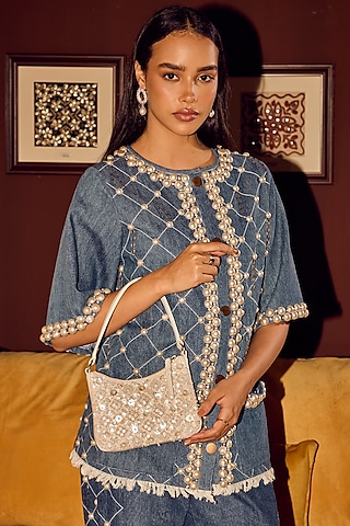 Ivory Leather Mother-Of-Pearl Embellished Handbag by The Leather Garden