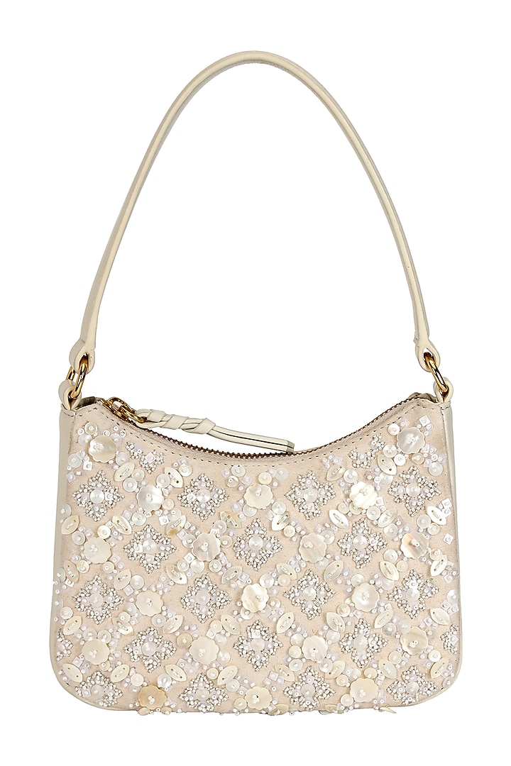 Ivory Leather Mother-Of-Pearl Embellished Handbag by The Leather Garden at Pernia's Pop Up Shop