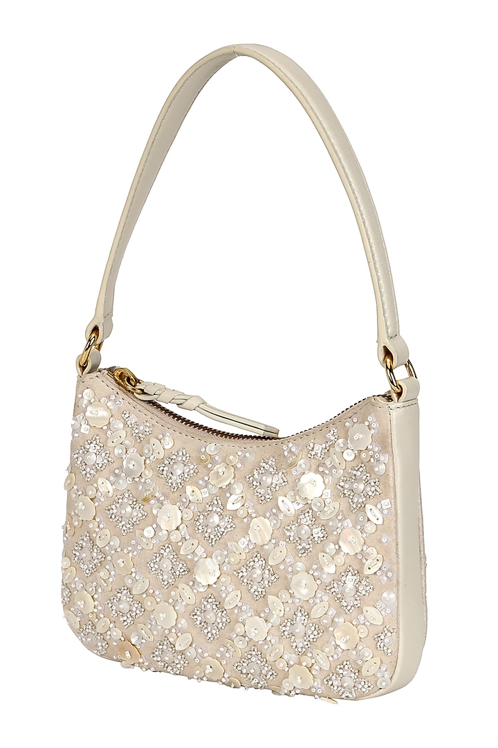 Ivory Leather Mother-Of-Pearl Embellished Handbag by The Leather Garden at Pernia's Pop Up Shop