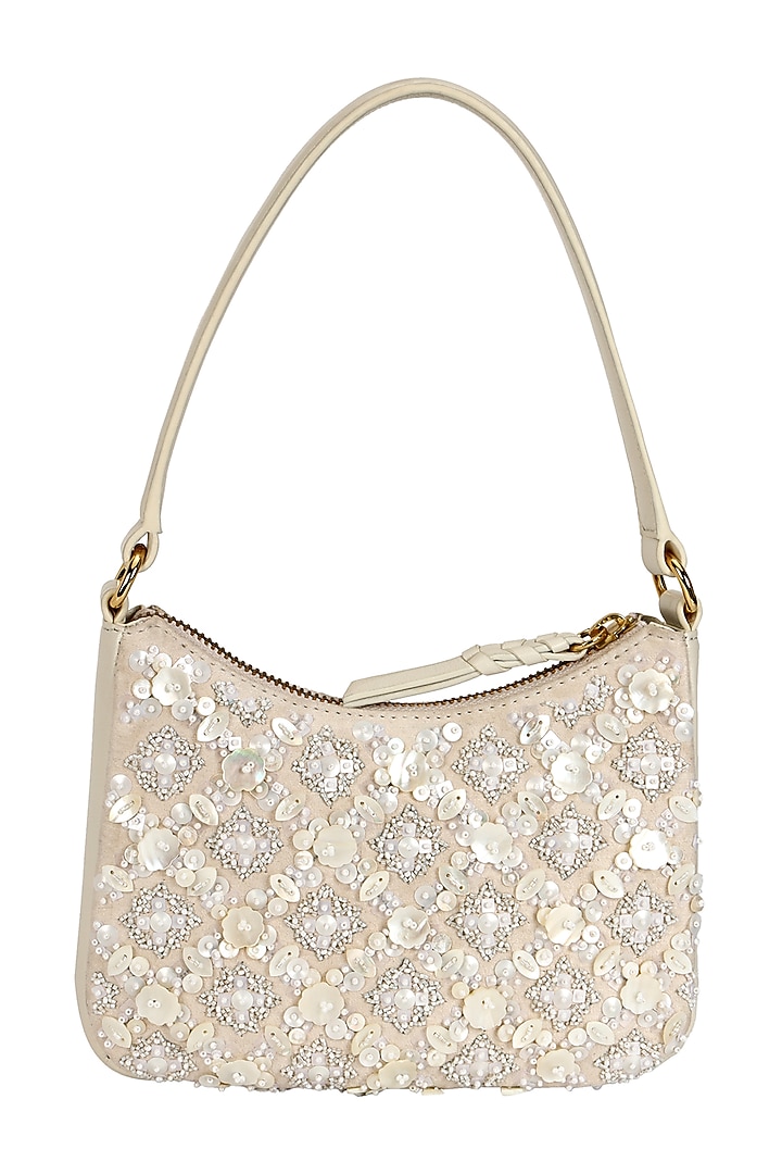 Ivory Leather Mother-Of-Pearl Embellished Handbag by The Leather Garden at Pernia's Pop Up Shop