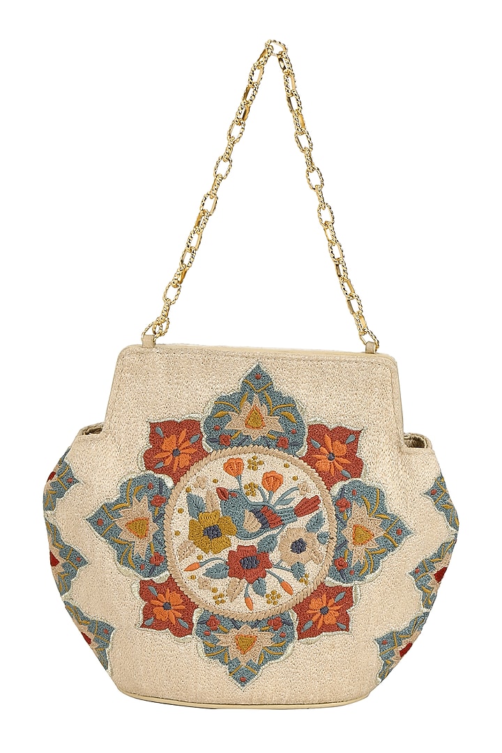 Beige Leather Crewel Embroidered Handbag by The Leather Garden at Pernia's Pop Up Shop