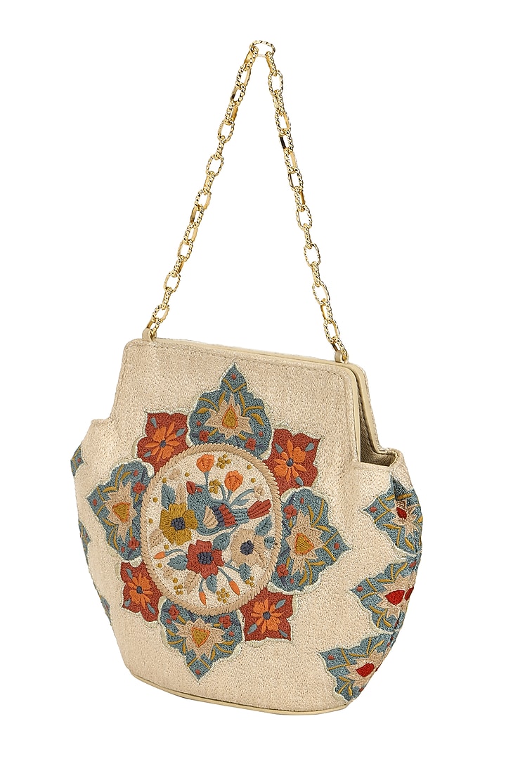 Beige Leather Crewel Embroidered Handbag by The Leather Garden at Pernia's Pop Up Shop