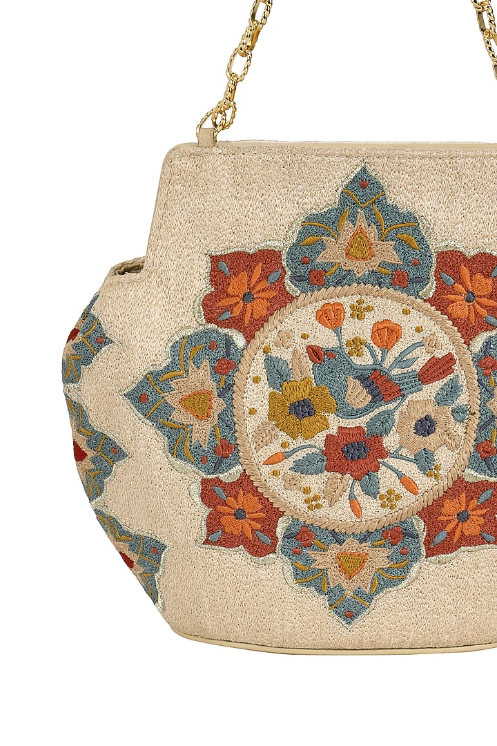 Beige Leather Crewel Embroidered Handbag by The Leather Garden at Pernia's Pop Up Shop
