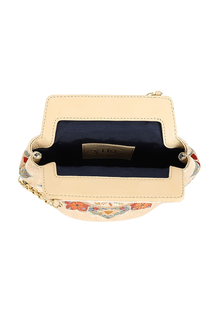 Beige Leather Crewel Embroidered Handbag by The Leather Garden at Pernia's Pop Up Shop