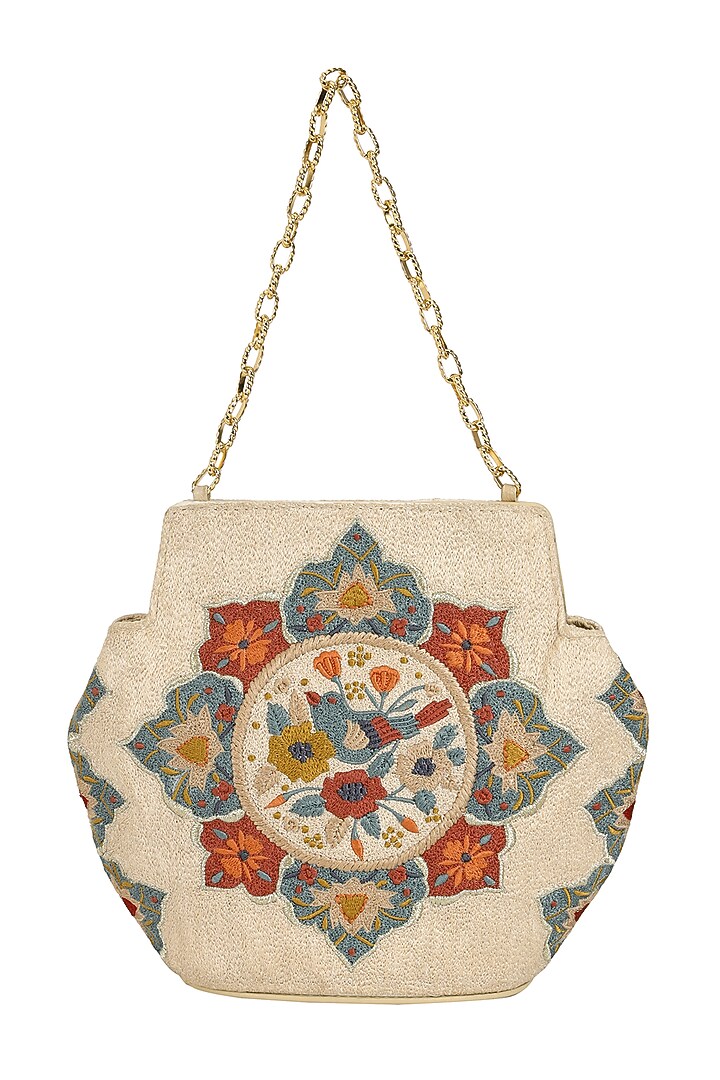 Beige Leather Crewel Embroidered Handbag by The Leather Garden at Pernia's Pop Up Shop