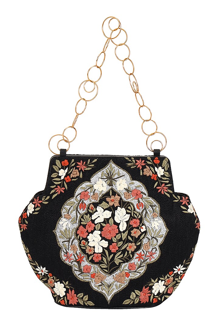 Black Leather Crewel Embroidered Handbag by The Leather Garden at Pernia's Pop Up Shop