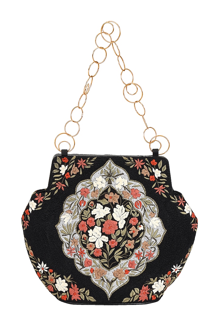 Black Leather Crewel Embroidered Handbag by The Leather Garden at Pernia's Pop Up Shop