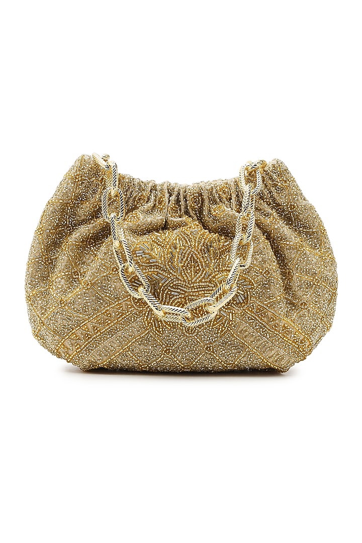 Gold Cotton Embellished Handbag by The Leather Garden at Pernia's Pop Up Shop