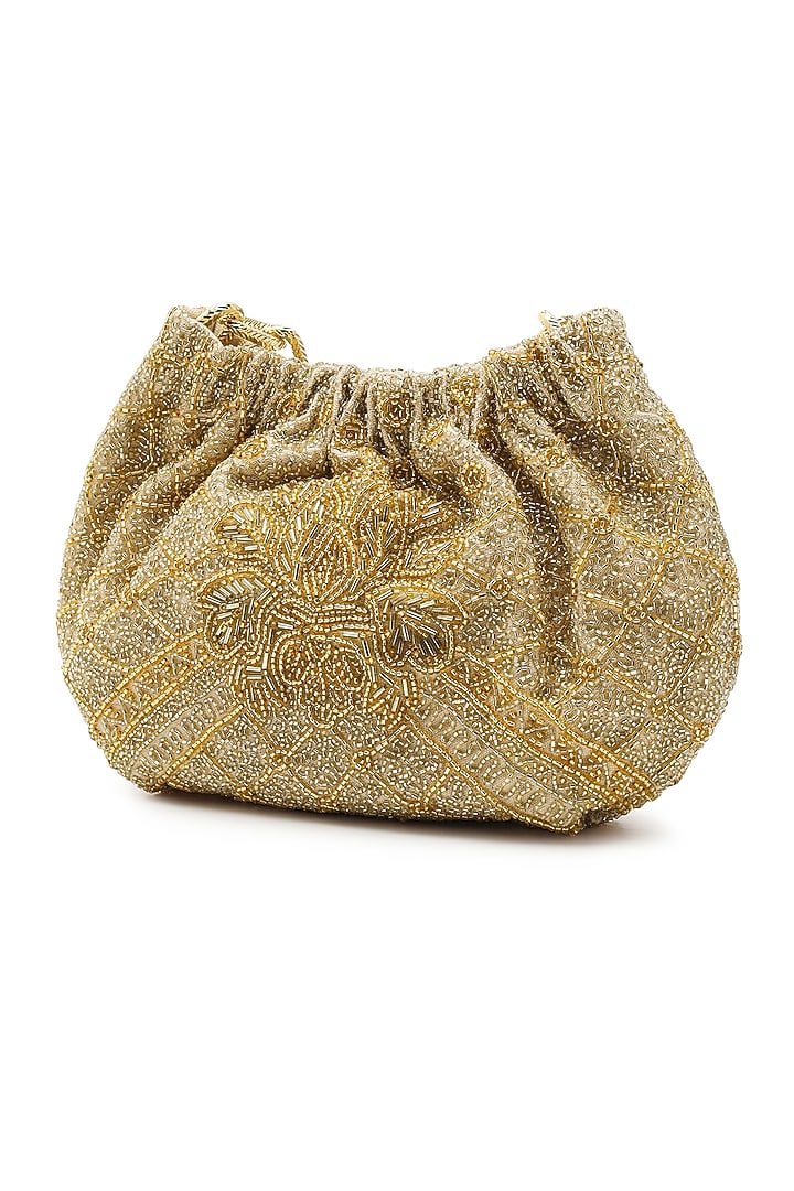 Gold Cotton Embellished Handbag by The Leather Garden at Pernia's Pop Up Shop