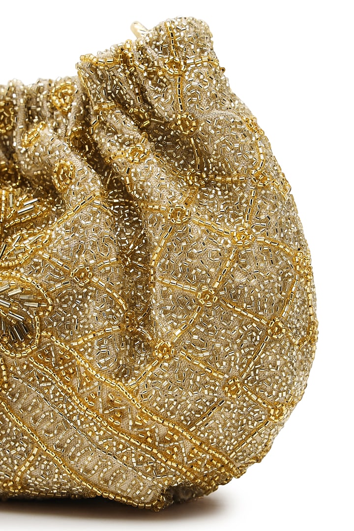 Gold Cotton Embellished Handbag by The Leather Garden at Pernia's Pop Up Shop