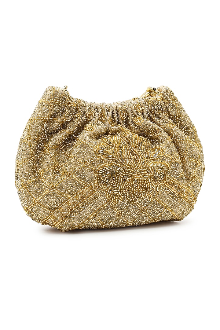 Gold Cotton Embellished Handbag by The Leather Garden at Pernia's Pop Up Shop