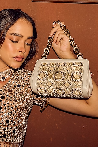 Ivory Leather Hand Embroidered Structured bag by The Leather Garden