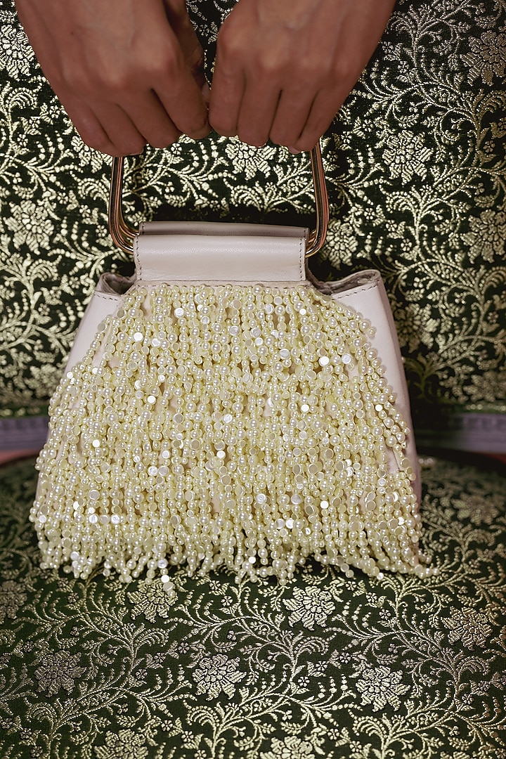 Ivory Leather Bead Hand Embroidered Potli by The Leather Garden at Pernia's Pop Up Shop