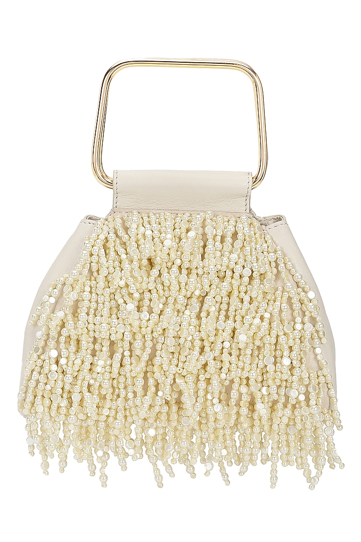 Ivory Leather Bead Hand Embroidered Potli by The Leather Garden at Pernia's Pop Up Shop